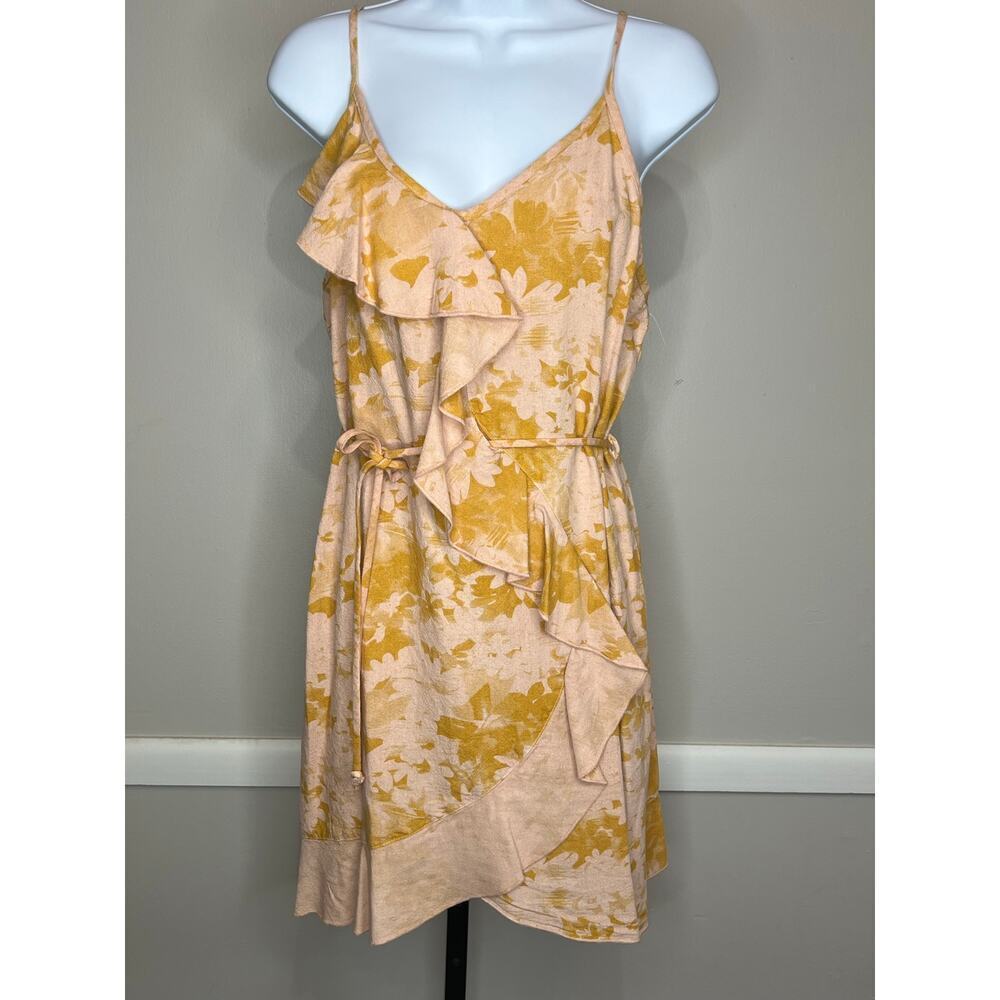 Self Contrast Linen Blend Floral Ruffle Wrap Dress Yellow L NWT - Picture 2 of 7